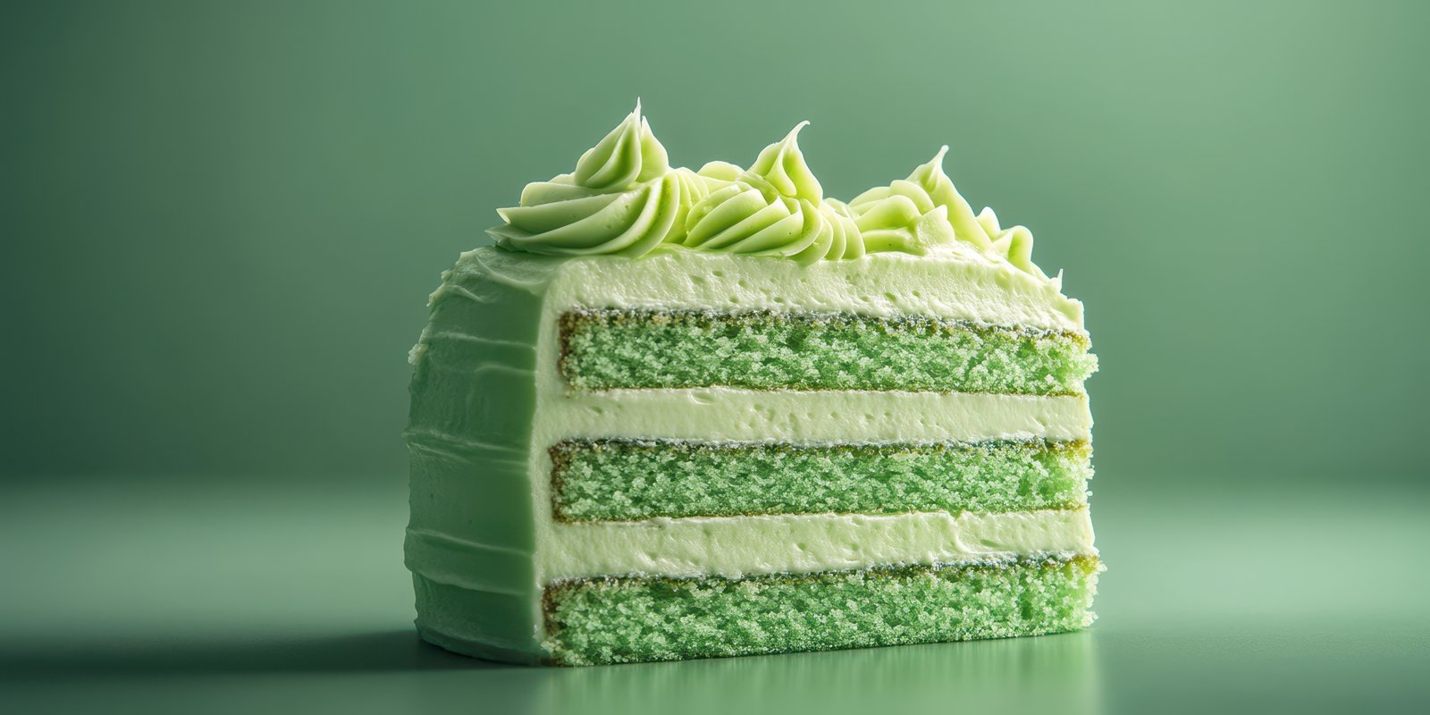 Delicious green cake slice with creamy frosting displayed on a green background